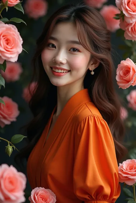 Korean woman, beautiful, looking at the camera, wearing a orange dress muslimah puff sleeve, long brown hair, smiling. surround pink roses, large and small. Dark light.