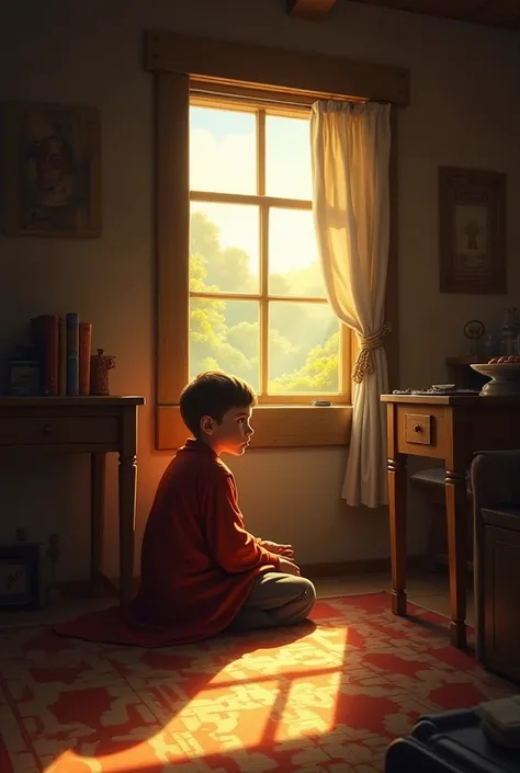 Benma, the Youngest Son at Home: A young boy, visibly weak but thoughtful, sitting in a small village home. Sunlight filters through a window, casting a warm glow as he watches his brothers leave on their quest.