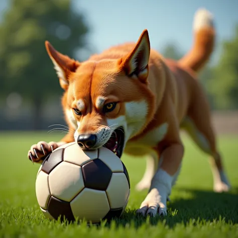 The dog bites a soccer ball.