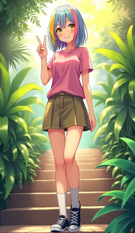  Masterpiece,  top quality,  high resolution,  very detailed,(((Pretty girl with rainbow hair))), ((( Japanese Anime ))), ((( short hair))), (((Pink T-shirt))), ((( khaki miniskirt))), (((White socks))), ((( black sneakers ))), ((( Standing on the Stairs )...