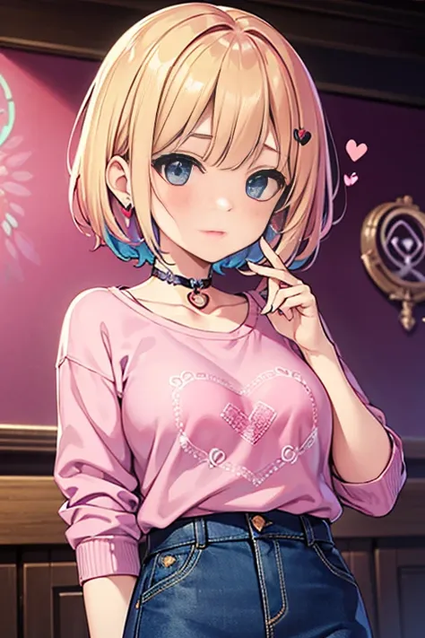  1 girl 、BEAUTY SPOT 、 heart shaped choker 、(  Masterpiece、 top quality )、Official photo、 beautiful and aesthetic : 1.2)、(  1 girl )、 very detailed 、( Geometric art: 1.3)、 colorful、sweatshirt with pink and blue strands、short blond hair、 miniskirt、The expre...