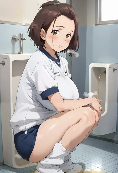 score_9, score_8_up, score_7_up, score_6_up, score_5_up, 1girl, Satomi Murano, brown eyes, brown hair, sidelocks, short hair, forehead, hair ornament, green hairclip, (wearing navy buruma and short sleeve, white gym uniform with colored hem, loose socks:1....