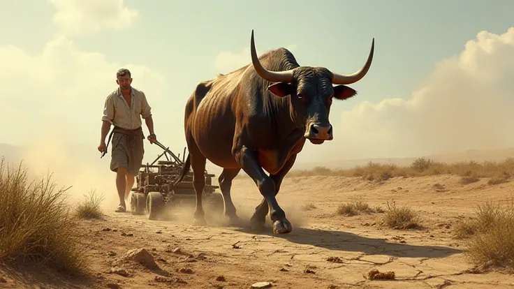 A large ox, strong and steady, drags a heavy wooden plow through dry, cracked earth. A farmer follows behind, guiding it through the barren field.