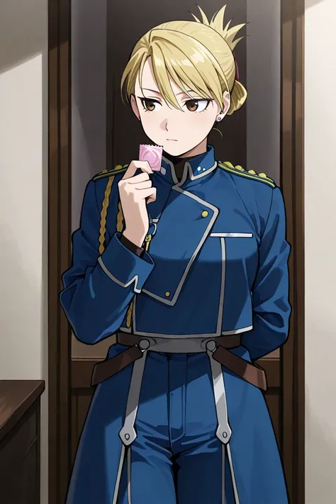 masterpiece, best quality, 
riza, 1girl, brown eyes, blonde hair, folded ponytail, jewelry, earrings, uniform, military, military uniform, shirt, black shirt, jacket, blue jacket, long sleeves, aiguillette, holding condom, indoors, bedroom standing 