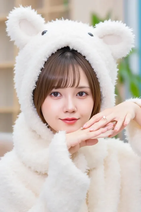 one  girl, (a beauty  girl, delicate  girl:1.3), (Age 25:1.3),
break, ( white fluffy kigurumi pajamas,  cat costume :1.2), ( upper body:1.2),
break,  Definition of Extremely Fine Particles , ( symmetrical eyes:1.3),
break, (bedroom:1.3), 
break,  small bre...