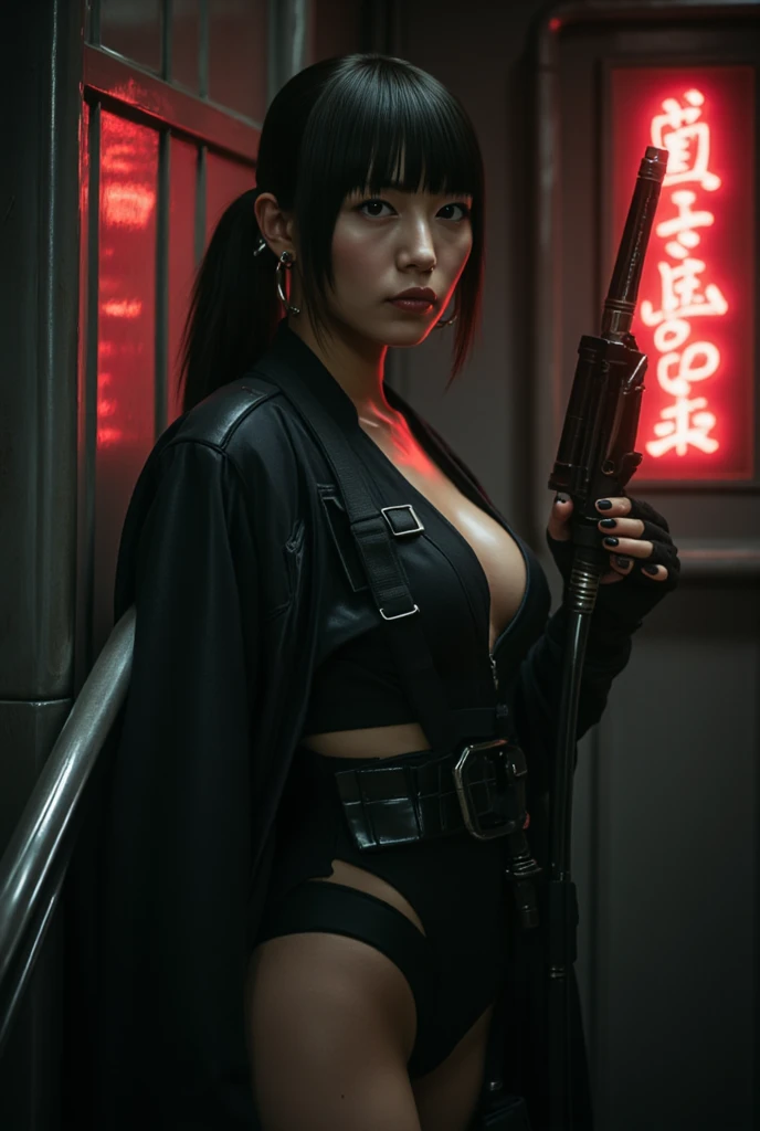 (((The dark interior of the Nostromo ship :2.0))),((( HR Gigger Style Cyberpunk Atmosphere :2.0))),((( swing up a cyberpunk-style Japanese sword:2.0))),Stand upstairs ,((whole body:2.0)), one woman,( cute face),(Beautiful well-balanced face ),(( natural bi...