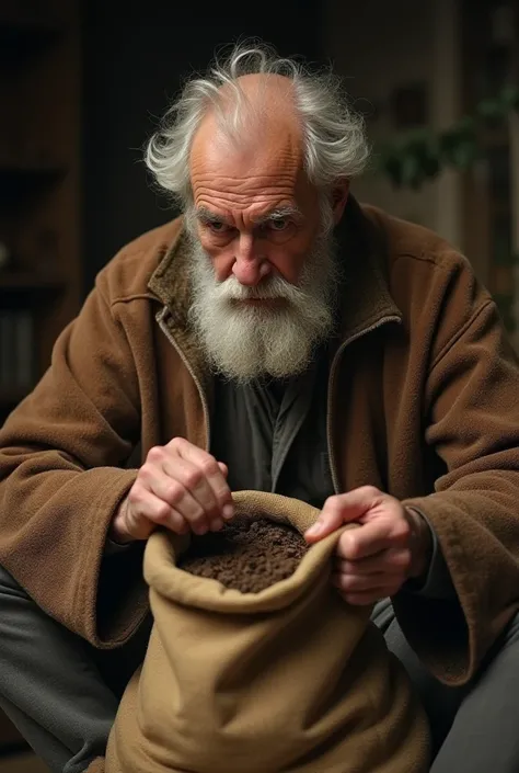 The Father’s Discovery: The old man, now home, opening the sack and looking at the soil inside. His expression is one of realization and deep emotion as he understands the meaning behind his youngest son’s actions