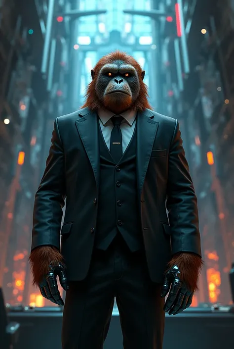 Orangutan in a business suit, head of a mega corporation, cyberpunk 2077.