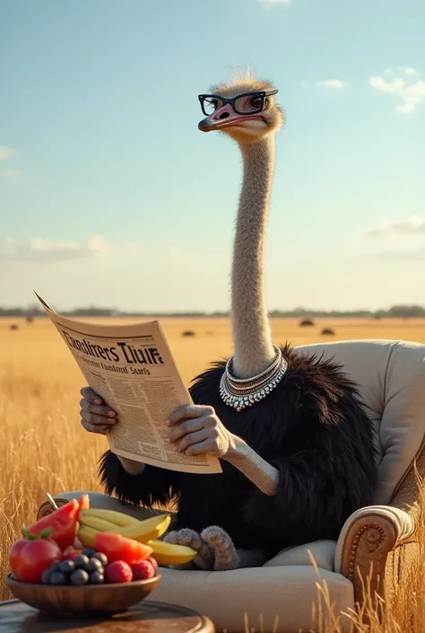 "A tall and elegant ostrich sitting comfortably on a cushion in a peaceful outdoor setting, reading a newspaper with a focused expression. The ostrich is wearing stylish glasses and has a beautiful necklace around its long neck. It holds a pen in one of it...