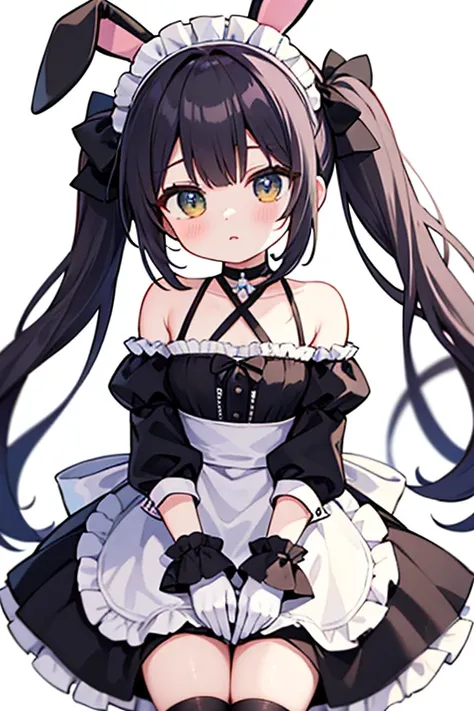  top quality、 high resolution、Atmari 、 long hair、stupid hair、 twin tails、 hair bow、 multicolor hair、Bunny ears、 maid's headdress、x-shaped hair ornament、 choker、 cross halter 、 yellow tie 、 Exposed Shoulders、 black gloves、 frill、 layered skirt 、 black skirt...