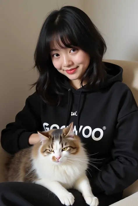 The length of the bushy, thick hairstyle falls to about the middle of her bust, and a black-haired girl with bangs is sitting on the sofa with a black hoodie with GOOWOO, resting at home with a Turkish Angora long-haired white cat and a Korean short-haired...