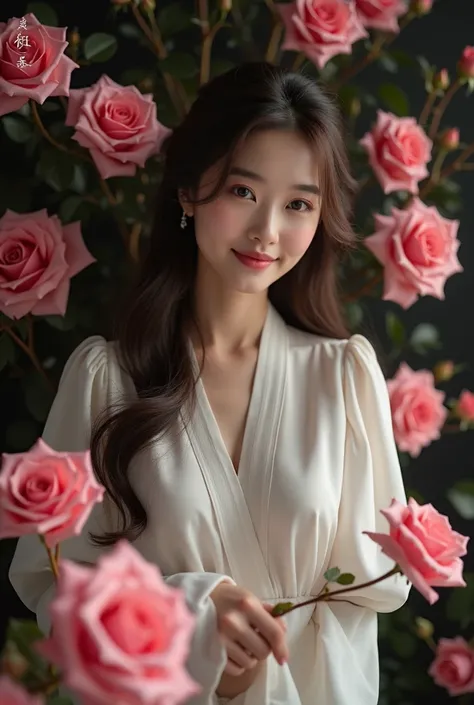 Korean woman, beautiful, looking at the camera, wearing a white dress muslimah puff sleeve, long brown hair, smiling. surround pink roses, large and small. Dark light.