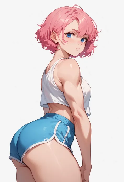 Appearance :  young woman ,  muscular body ,  thick thighs,  medium breasts,  big ass,  pink hair,  short hair,  white skin,  blue eyes,  delicate face Clothes: dolphin shorts, shorts,