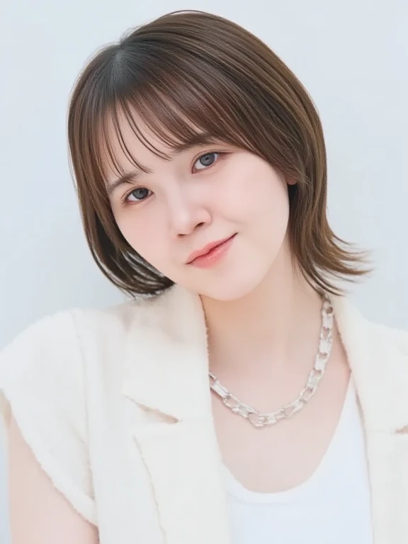  close up of a brown haired woman wearing a white shirt,   shoulder-length hair, Shoulder strap hair,  Medium Length Hair , Curtain bang,   medium hair , with short hair,  princess cut ,   shoulder-length hair, 白 princess cut の髪型,   Korean symmetrical face...