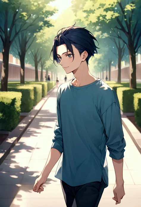 Okita Kouryu  ,Age 19,  a beautiful neutral beautiful boy with beautiful short hair 、 dark blue hair parted in the center and pulled back casual back ,  wearing a long-sleeved t-shirt  ,  kind,  calm, smile ,  intellectual boy  , Black Rin 々New eyes ,  alo...