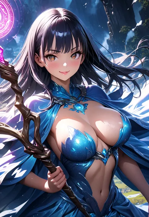 (beautiful girl:1.3), solo, (((wizard holding a magical staff))), yamada anna, dark blue hair, asymmetrical bangs, brown eyes, Ultra-detailed eyes, beautiful detailed face, beautiful glossy lips, beautiful breasts, Glowing Skin, smiling expression, enchant...