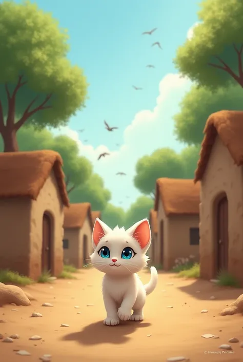 A peaceful village with mud houses, tall green trees, and a clear blue sky. A small, white cat with big, bright blue eyes and soft fur walks through the village streets, looking kind and gentle. The sun casts a warm glow, and birds fly in the background. T...