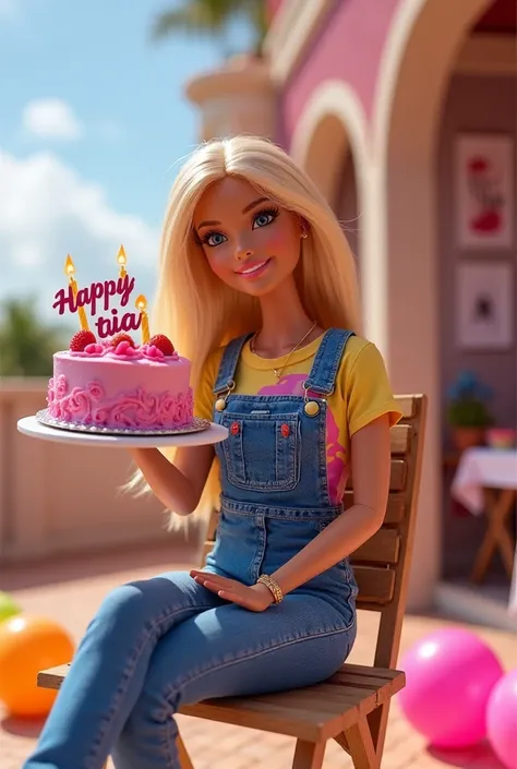 Realistic image of Barbie denim jumpsuit,  T-shirt colorida, Holding a cake with the name Happy Birthday Tia on the top, sitting in a chair on the terrace of her Dreamhouse, And she's super happy and several colorful balloons on the floor and a poster writ...