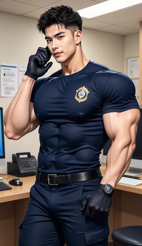 An anime-style illustration ,1 handsome man short hair ,crew cut hair play computer ,Wear a fitted round neck t-shirt, solid blue t-shirt,with a police badge,Navy Cargo pants,black gloves, Korean guy,chest muscles,large arm muscles,blood vessel,Big muscles...