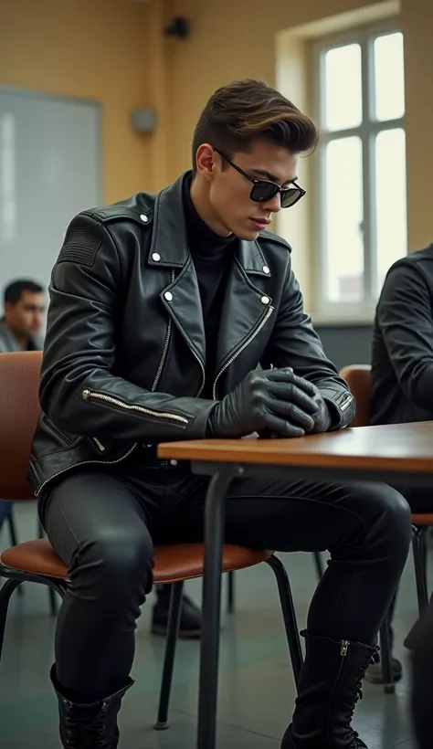 A young male Bully in black motorcycle leather,  black leather pants, sporty sunglasses, Leather gloves, Leather boots with long shafts and another male student sitting in the classroom the bull humiliates him
