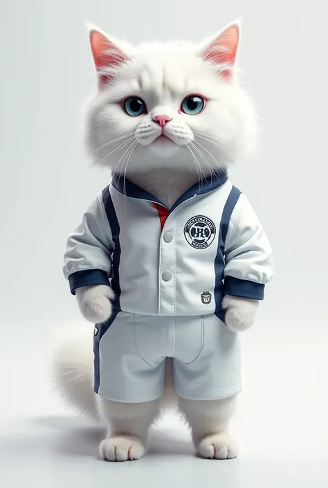 White cat wears gegana team uniform