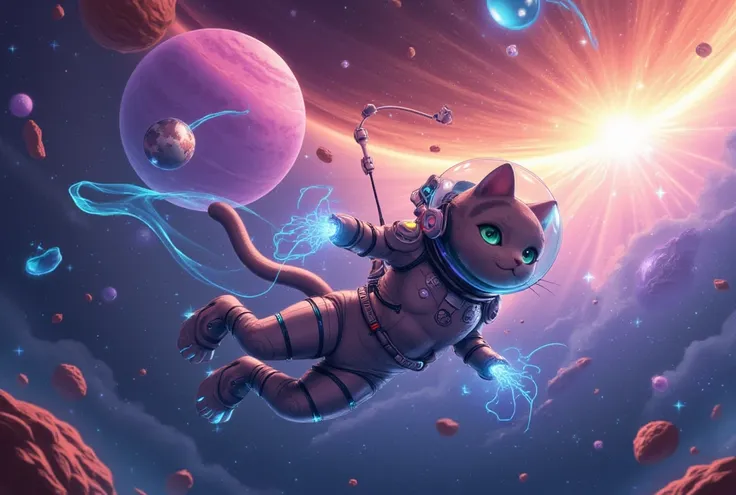  there is a cat in a spacesuit floating in the air, cat in space , Planets and meteorites float in outer space,Space Kitten,  Cat from the Void ,  cat summoning a spaceship ,In the background, sunlight is leaking out , Cyborg Kitten,  Amazing Wallpapers,  ...