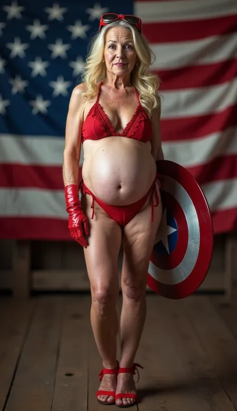 pregnant, pregnancy, 80 year old woman, 80 year old woman, white woman, Caucasian woman, wrinkled face, wrinkled face, wrinkled skin, old face, Captain America bikini, Captain America string bikini, Captain America shield, legs, blond hair, long blond hair...