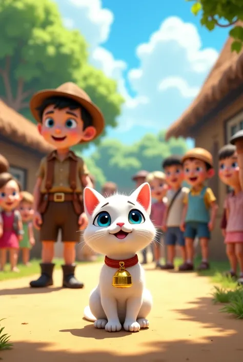 A lively village scene during the daytime. In the center, a small white cat with big blue eyes proudly stands with a shiny golden bell around its neck, reflecting sunlight. The old hunter with blue eyes, wearing a brown shirt, brown shorts, black shoes, an...