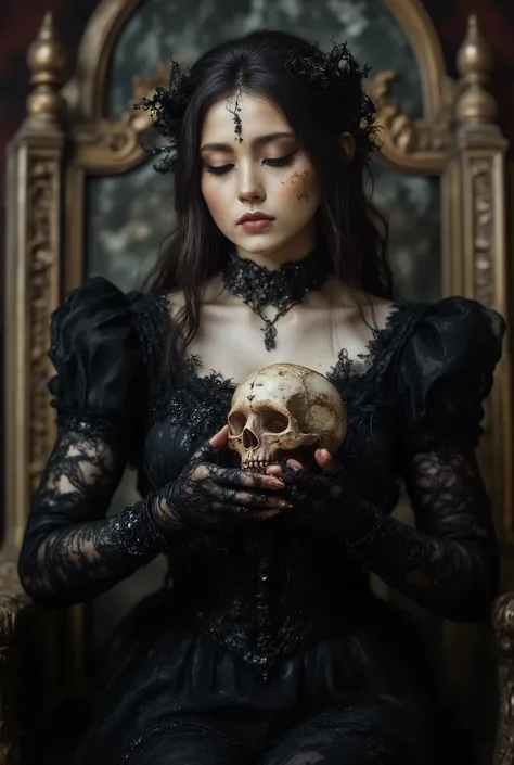love beyond time , high quality, gothic scary story , A girl , Alone, beautiful woman, Queen of the Night, Dark Empress , long black hair , Long eyelashes, closed eyes , narrow face, mole under eyes , moist lips, slim body , Medieval Europea...
