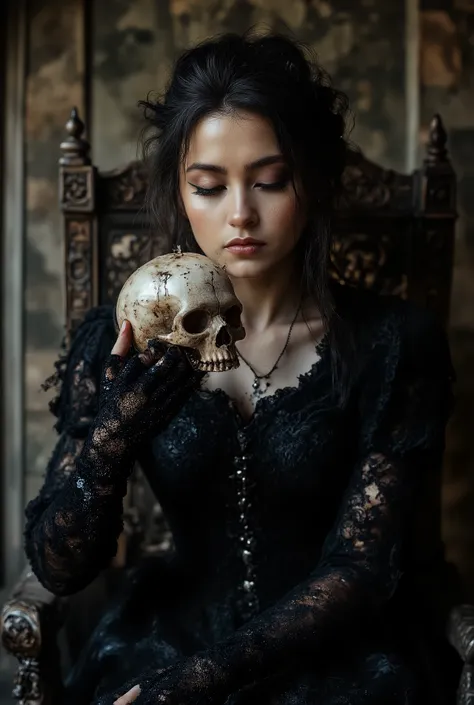 love beyond time , high quality, gothic scary story , A girl , Alone, beautiful woman, Queen of the Night, Dark Empress , long black hair , Long eyelashes, closed eyes , narrow face, mole under eyes , moist lips, slim body , Medieval Europea...
