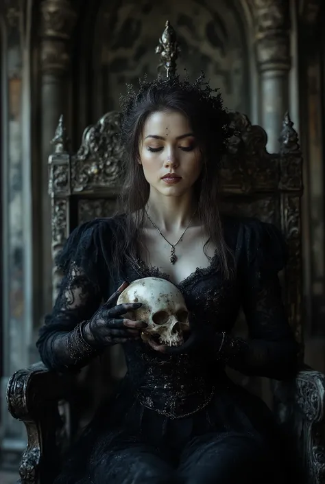 love beyond time , high quality, gothic scary story , A girl , Alone, beautiful woman, Queen of the Night, Dark Empress , long black hair , Long eyelashes, closed eyes , narrow face, mole under eyes , moist lips, slim body , Medieval Europea...