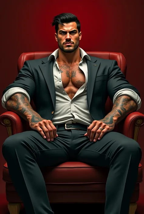 Muscular man. Has tattoos all over his body and some on his face. Tan skin. Has a suit on and the first few buttons of his shirt are open. Serious face. Defined facial features. Short wavy black hair. Polished. Veiny hands. Is sat on a chair leaning backwa...