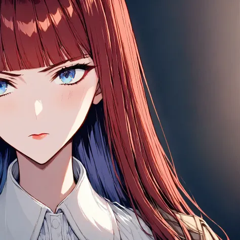 、portrait, 1girl ,adult female detective、
, white blouse collar、Red hair heroine face
Straight hair,Long hair ,Red Hair, blunt bangs,blue eyes,serious、 light lipstick、 slightly blushing、blue eyes, BLUEIRIS