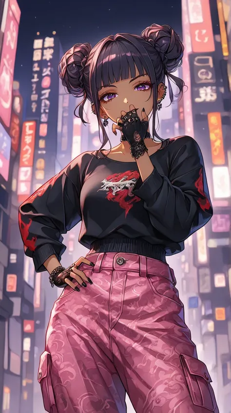 1Girl, Mature, Light Brown Skin, Dark Purple Eyes, Medium Wavy Jet Black Hair, Blunt Bangs, Double Bun, Black Lipstick, Smirk, One Hand On Hips And One Hand Covering Mouth, Black And Red High-Cut Long-Sleeve Shirt, Bright Pink Baggy Cargo Pants, Black Chok...