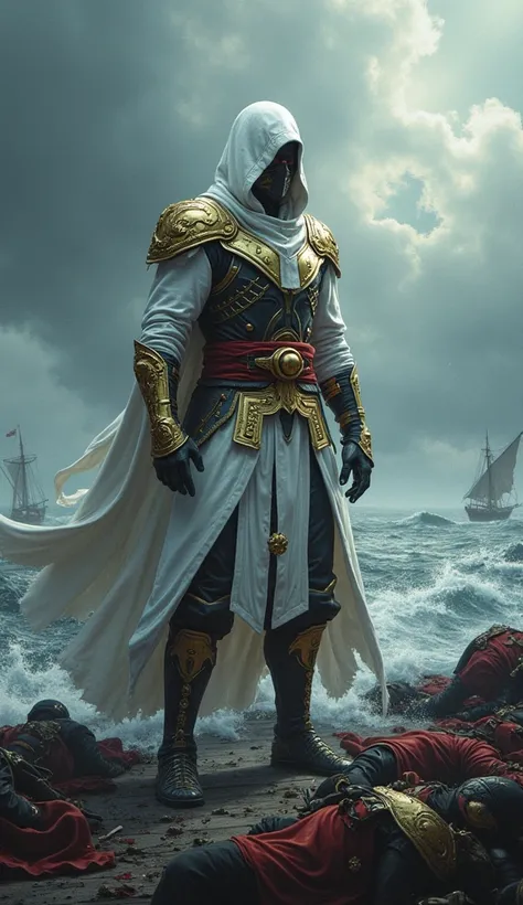 make ninja wearing wight and gold armor standing front of dead bodies of enimes which he have bean killed in ship background dark and thunderstrome