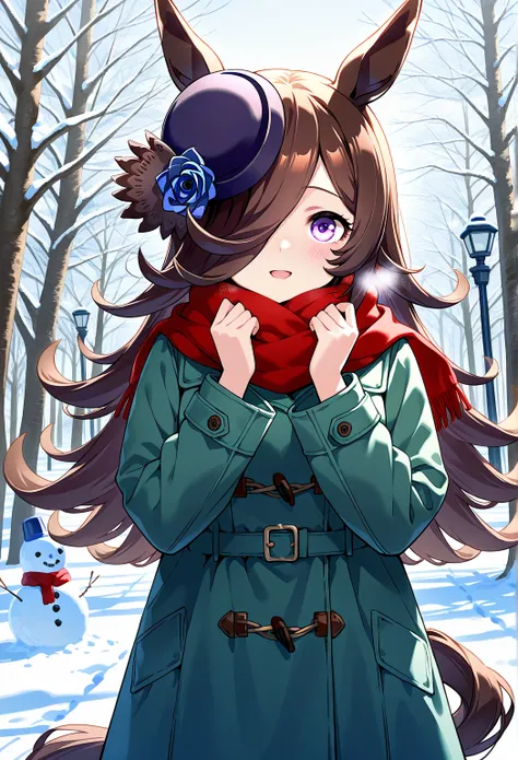 deTailed eyes,    girl,    rice shower (Uma Musume),    horse ears,       animal ears,    her hair hangs down to hide her eyes, horse Tail,   horse   girl , Tail, length、winter、 wearing a long coat 、 snowman who rejoices in the snow