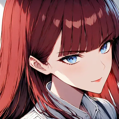 、portrait, 1girl ,adult female detective、,serious、smile、
, white blouse collar、Red hair heroine face、
Straight hair,Long hair ,Red Hair, blunt bangs,blue eyes、 light lipstick、 slightly blushing、blue eyes, BLUEIRIS