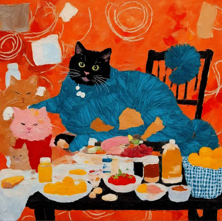 Illustration of art with acrylic paints. A fat funny red-haired cat is sitting on the kitchen table. There are dishes and groceries around him, milk is spilled. A small blue bird with a yellow breast sits on the cat's head. The atmosphere is warm and sunny...