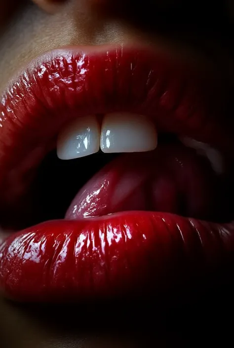 As if cut off by the darkness, only the bright red lips of a fanged white female vampire are suspended in the air. The lips are brightly lit and fill the entire screen, and in a close-up, her tongue protrudes from the corner of her mouth and erotically lic...