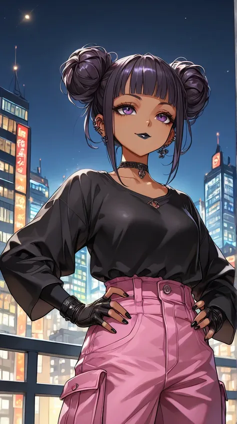 1Girl, Mature, Light Brown Skin, Dark Purple Eyes, Medium Wavy Jet Black Hair, Blunt Bangs, Double Bun, Black Lipstick, Smirk, Hands On Hips, Tight Black And Red High-Cut Long-Sleeve Shirt, Bright Pink Baggy Cargo Pants, Black Choker, Piercings, Fingerless...