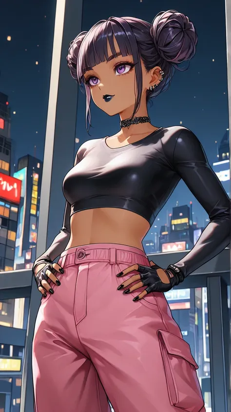 1Girl, Mature, Light Brown Skin, Dark Purple Eyes, Medium Wavy Jet Black Hair, Blunt Bangs, Double Bun, Black Lipstick, Smirk, Hands On Hips, Tight Black And Red High-Cut Long-Sleeve Shirt, Bright Pink Baggy Cargo Pants, Black Choker, Piercings, Fingerless...