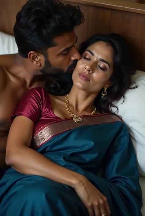 Indian 46 year old wife ,(wearing dark blue colour glossy saree and meroon colour glossy deep neck blouse) and nude, muscular, dark colour skin, rugged, Indian man driver naked in bed and kissing her neck. Her voluptuous breasts have bite marks and she is ...