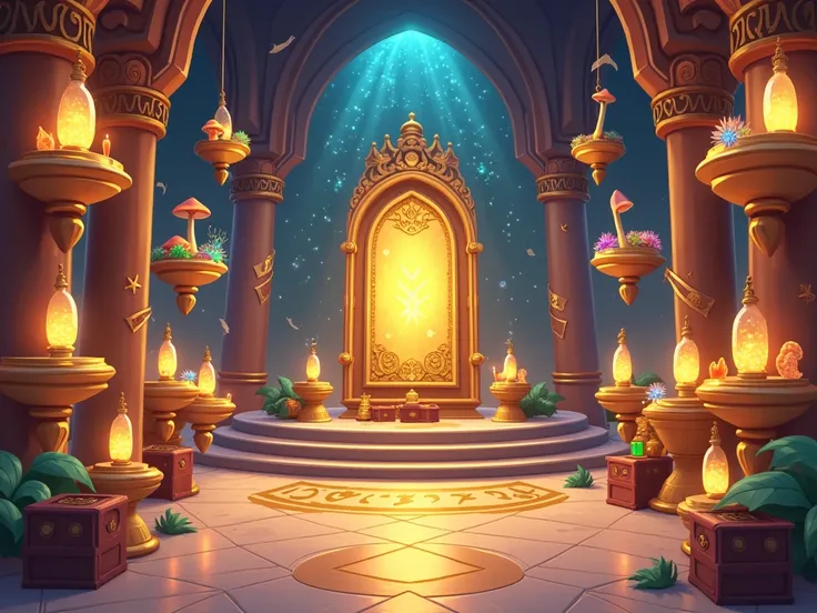 A cartoon like grand Arabian-inspired Hall of Achievements, where magical rewards are displayed, waiting to be claimed. The background features ornate golden shelves and floating pedestals, each holding glowing mushrooms, enchanted crystals, shimmering her...