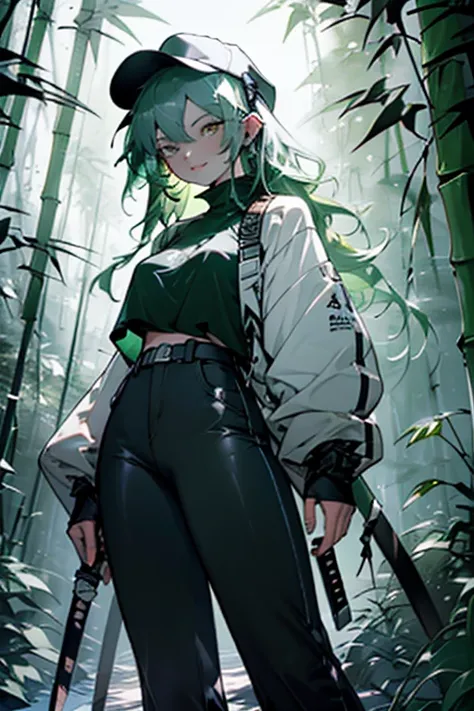 young woman, big smiling, long hair, bright green hair, green and yellow eyes, fat silhouette, long open jacket, black jacket, green t-shirt, large pants, black pants, wide cap, black cap, two katana on her hands, forest of bamboo behind her, swordswoman w...