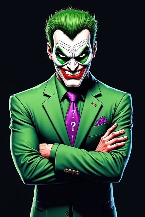 Create drawings of the Riddler with his green clothes and purple details, with an angry expression and with his arms crossed 