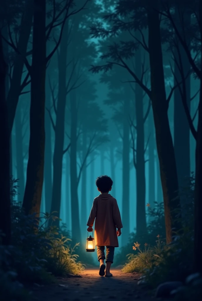  Ahsan, a brave yet slightly fearful boy, walks alone through a dark forest at night. He holds a small lantern, his only source of light. His heart beats fast, but he recalls his grandmother’s wise words: "A true believer never fears the darkness."
