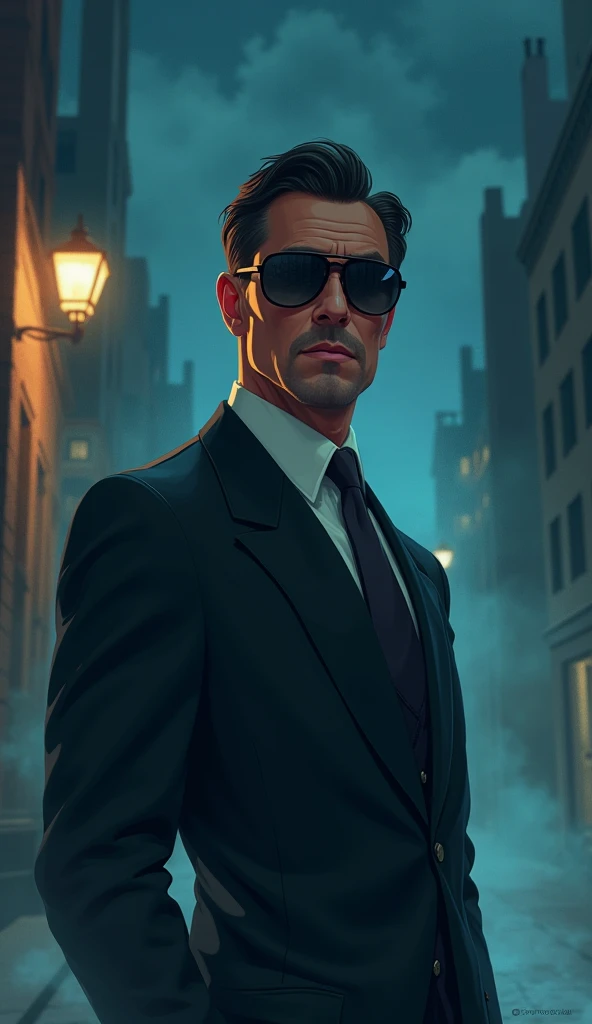 dedective, handsome man, outside , cartoon, vintage, sunglasses, night, hazy weather