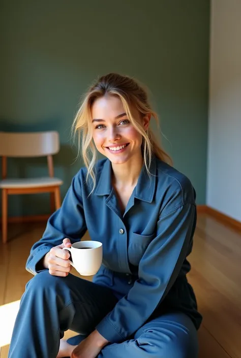  A beautiful smiling woman, sitting on the floorin an empty room in a house and a white mug of coffee in her hand, The room is empty apart from a single simple dining room chair and a easel  , with one plain white wall and one green wall and one grey wall ...