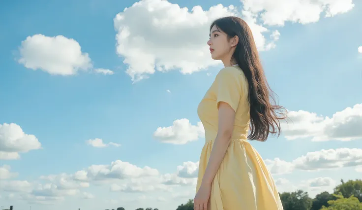 masterpiece, 8k, ultra-detailed, side view of a long-haired girl, wearing a pastel yellow short-sleeved dress, standing gracefully, looking at the distant sky, soft and flowing hair, gentle breeze, bright blue sky with scattered white clouds, warm and radi...