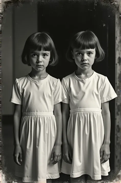 Create a black-and-white, vintage photograph from the early 1960s, featuring two young twin girls standing side by side. They are wearing simple, worn-out white dresses, slightly stained and wrinkled, with short, uneven haircuts typical of the era. Their e...